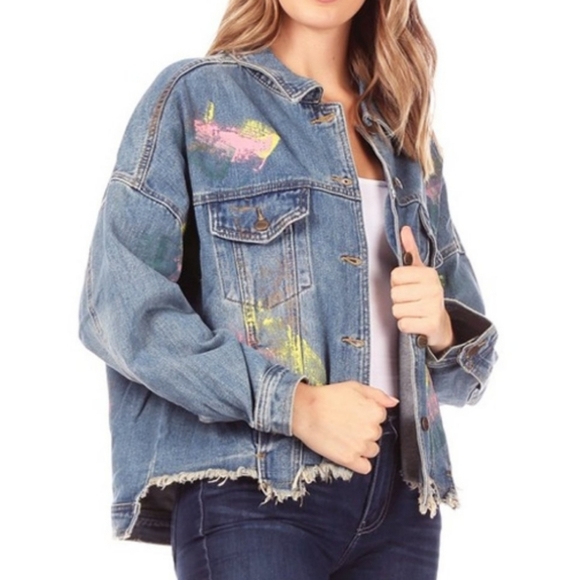 Caution to the Wind 70s 80s Splatter Paint Distressed Hem Denim Jacket Size M - Picture 2 of 3